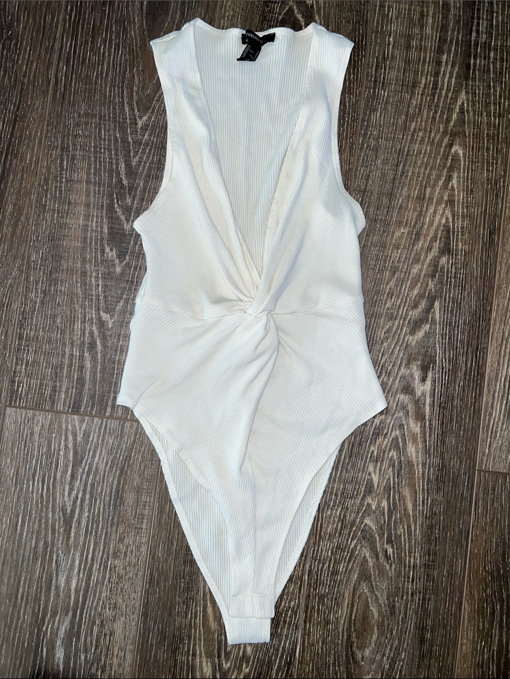 White Ribbed Twist-Front One-Piece